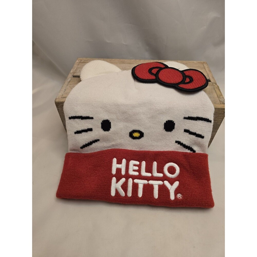 Sanrio Hello Kitty White Red Knit Beanie Hat 3D Ears Bow Youth 2021 Fall Winter